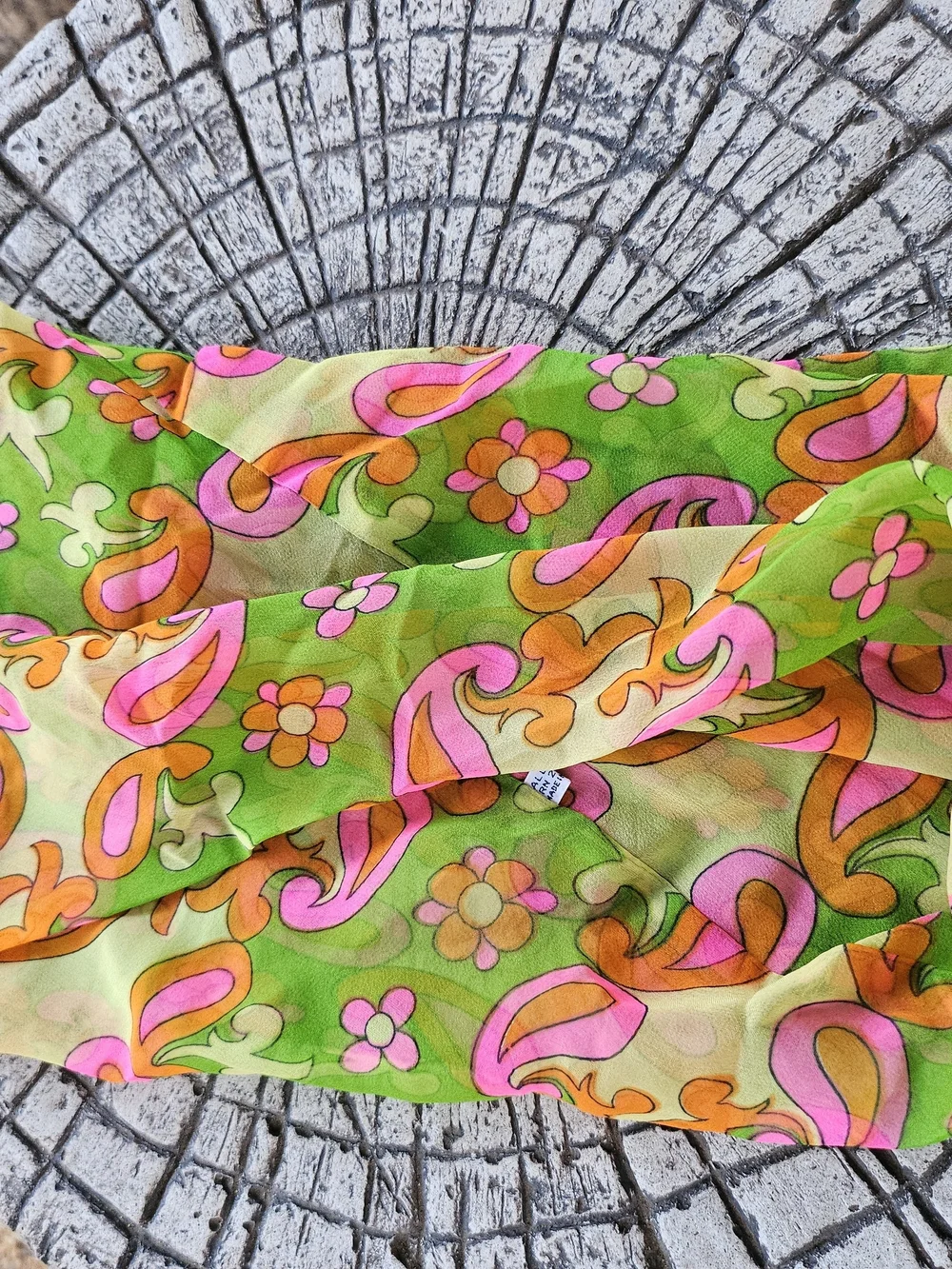 Vintage All Silk Made In Japan Retro Green Pink Floral Paisley Infinity Scarf